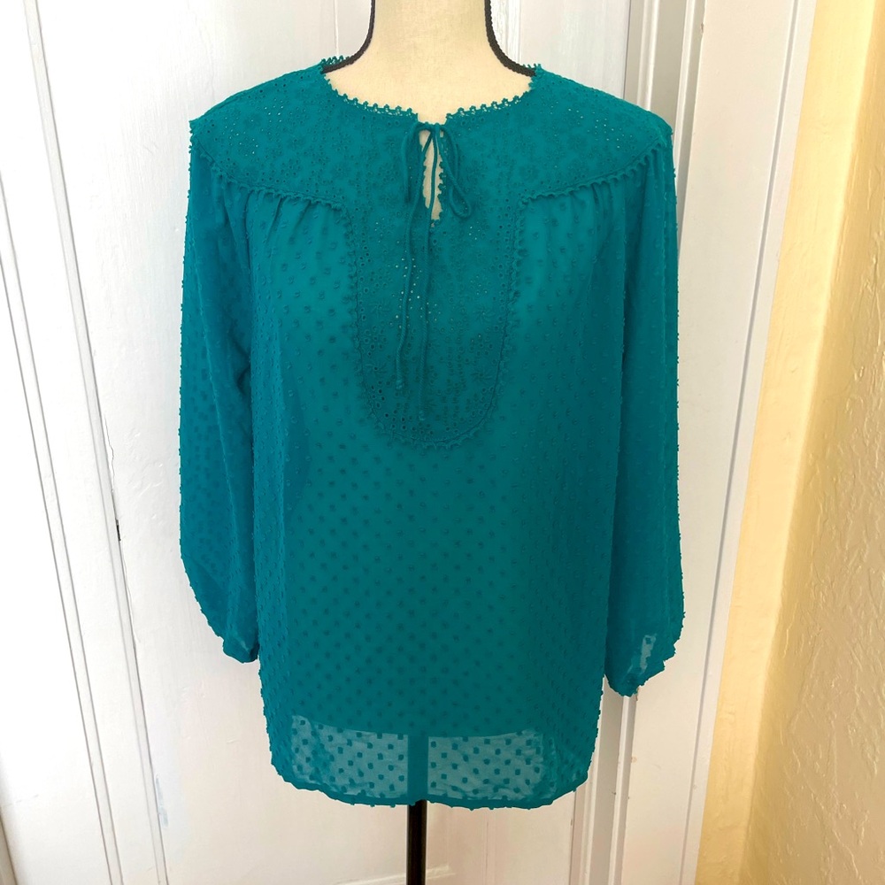 Matilda Jane NWT Women's Medium Shirt Top Teal Blue/Green Sheer Swiss Dot Size M - Picture 4 of 10